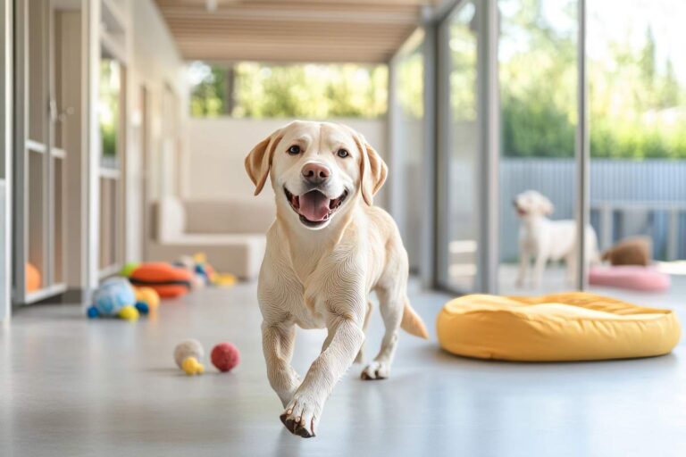 A friendly mixed-breed dog being walked by a caring adult inside a clean, safe pet facility.