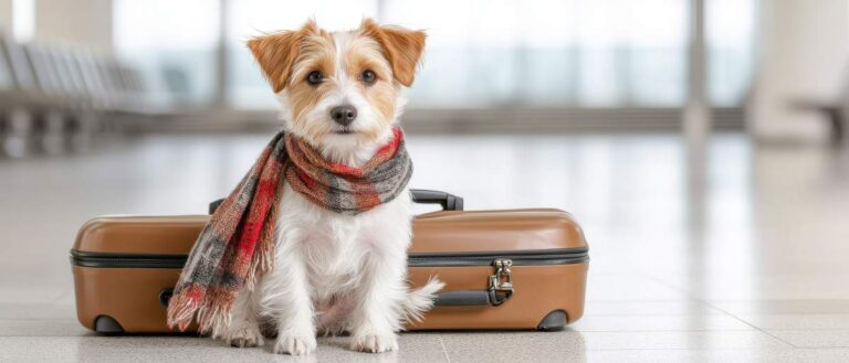 A relaxed dog explores a clean indoor space while a staff member observes nearby.