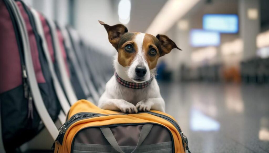 A medium-sized dog being walked by a staff member beside a row of clean kennels inside a well-lit pet boarding facility.