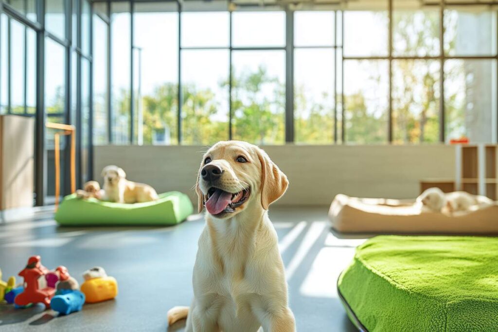 Dog owner reviews vaccination records with a boarding checklist beside a calm dog at home.
